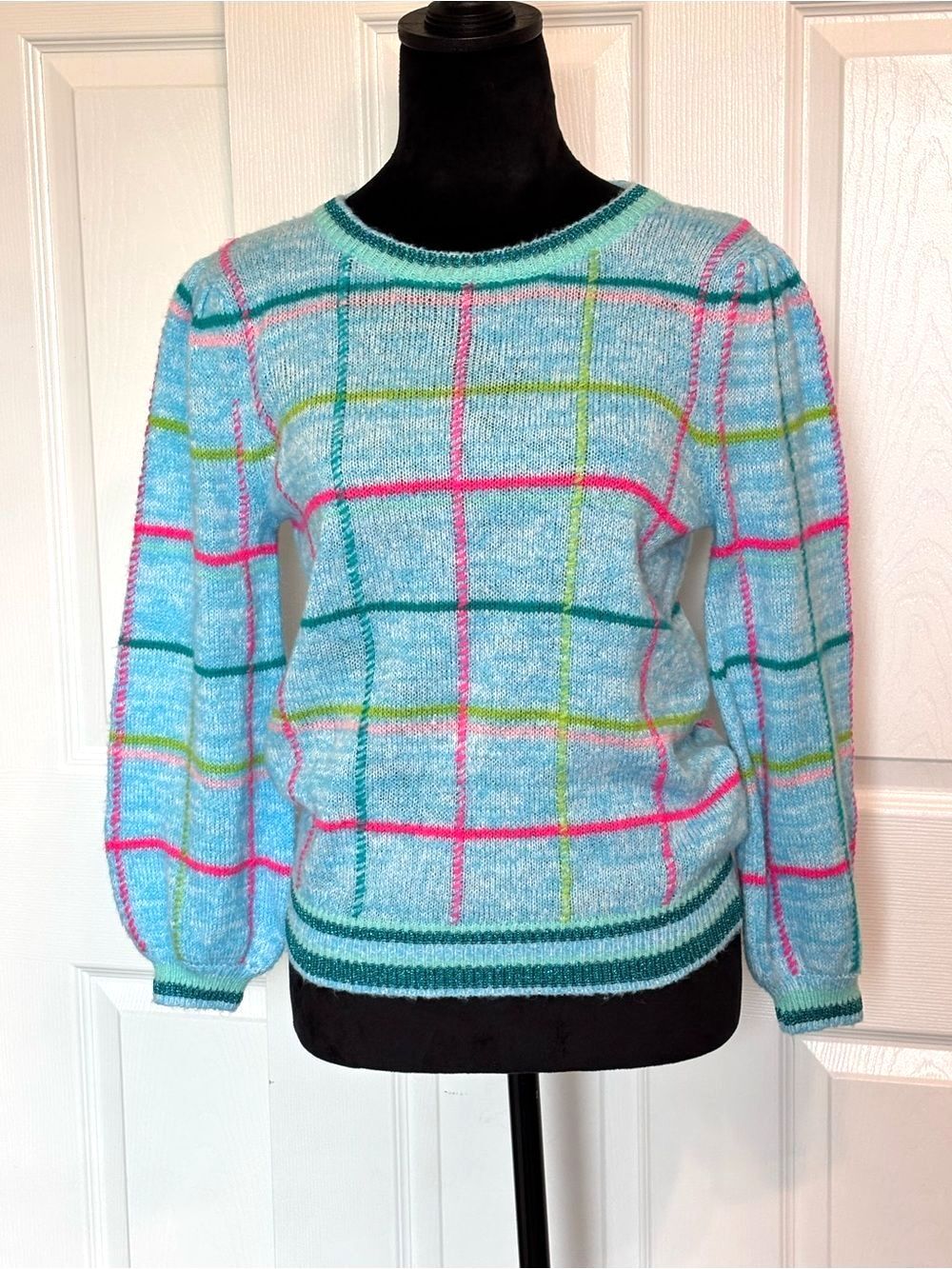 Lilly Pulitzer Hali Wool Blend Sweater Seabreeze Blue Plaid Puff Sleeve Small